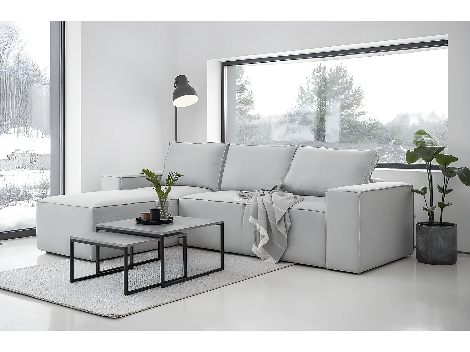 Canapé d'angle convertible - SIDNEY VELOURS - en tissu Luxe - 5/6 places, gris clair, angle gauche (vu de face)