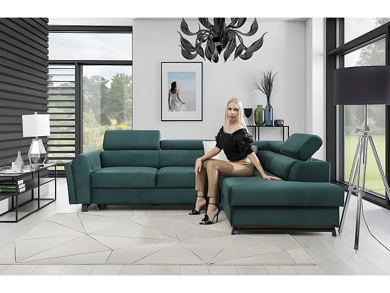 Canapé d'angle convertible - KARL VELOURS - en tissu prestige, 5 places, vert, angle droit (vu de face)