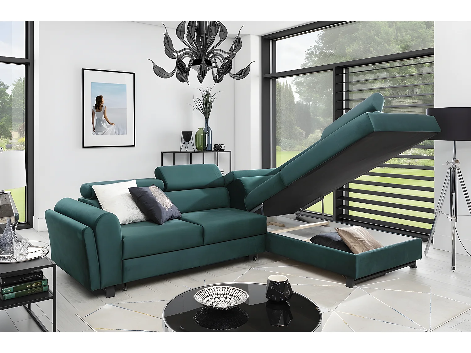 Canapé d'angle convertible - KARL VELOURS - en tissu prestige, 5 places, vert, angle droit (vu de face)