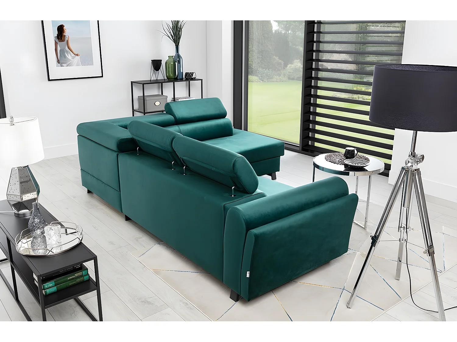 Canapé d'angle convertible - KARL VELOURS - en tissu prestige, 5 places, vert, angle droit (vu de face)