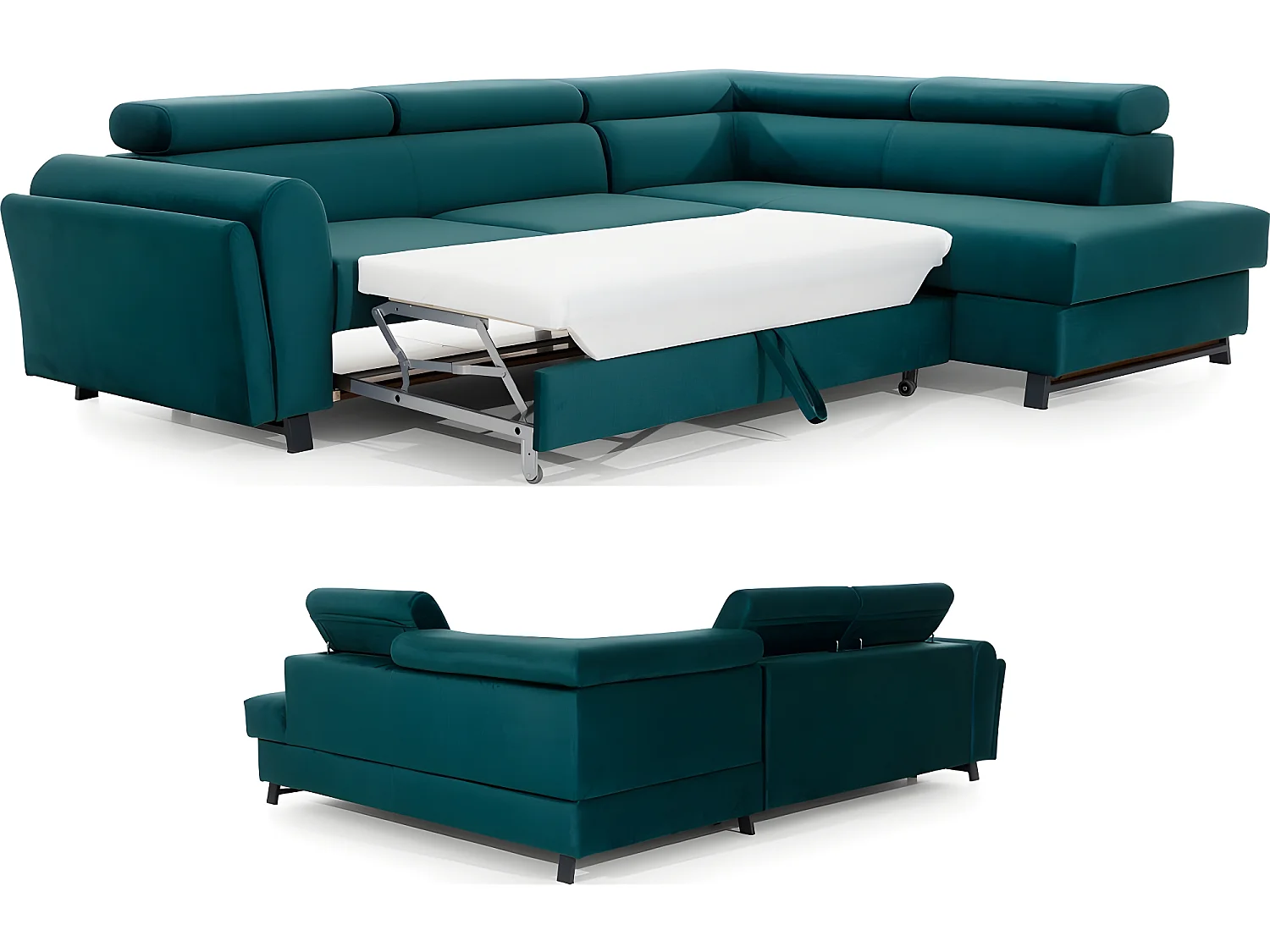 Canapé d'angle convertible - KARL VELOURS - en tissu prestige, 5 places, vert, angle droit (vu de face)