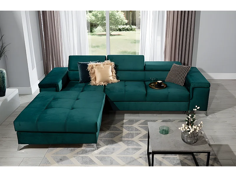Canapé d'angle convertible en tissu velours luxe 5 places, RICHARD, couleur vert, angle gauche