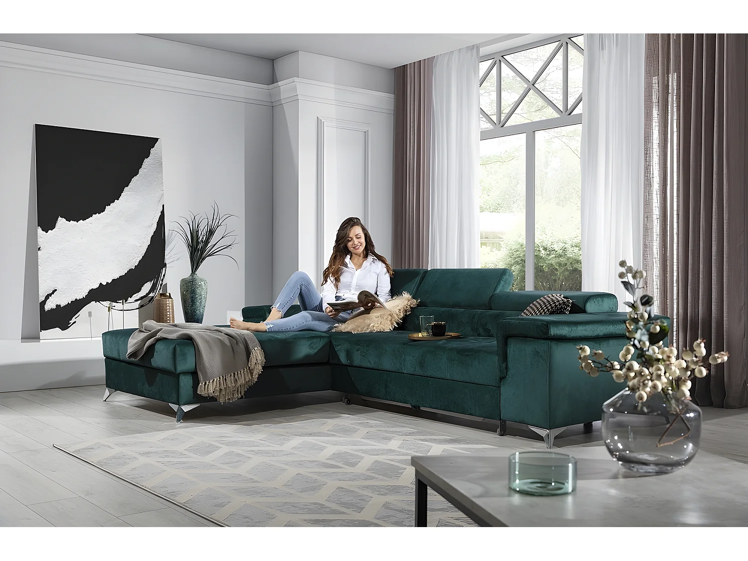 Canapé d'angle convertible en tissu velours luxe 5 places, RICHARD, couleur vert, angle gauche