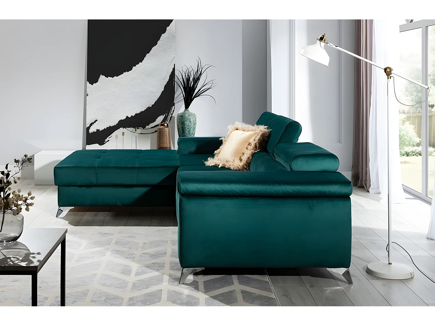 Canapé d'angle convertible en tissu velours luxe 5 places, RICHARD, couleur vert, angle gauche