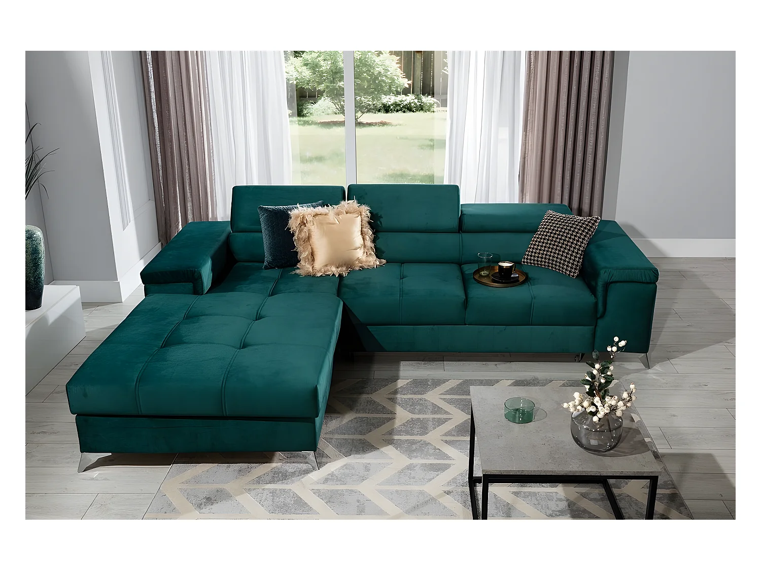 Canapé d'angle convertible en tissu velours luxe 5 places, RICHARD, couleur vert, angle gauche
