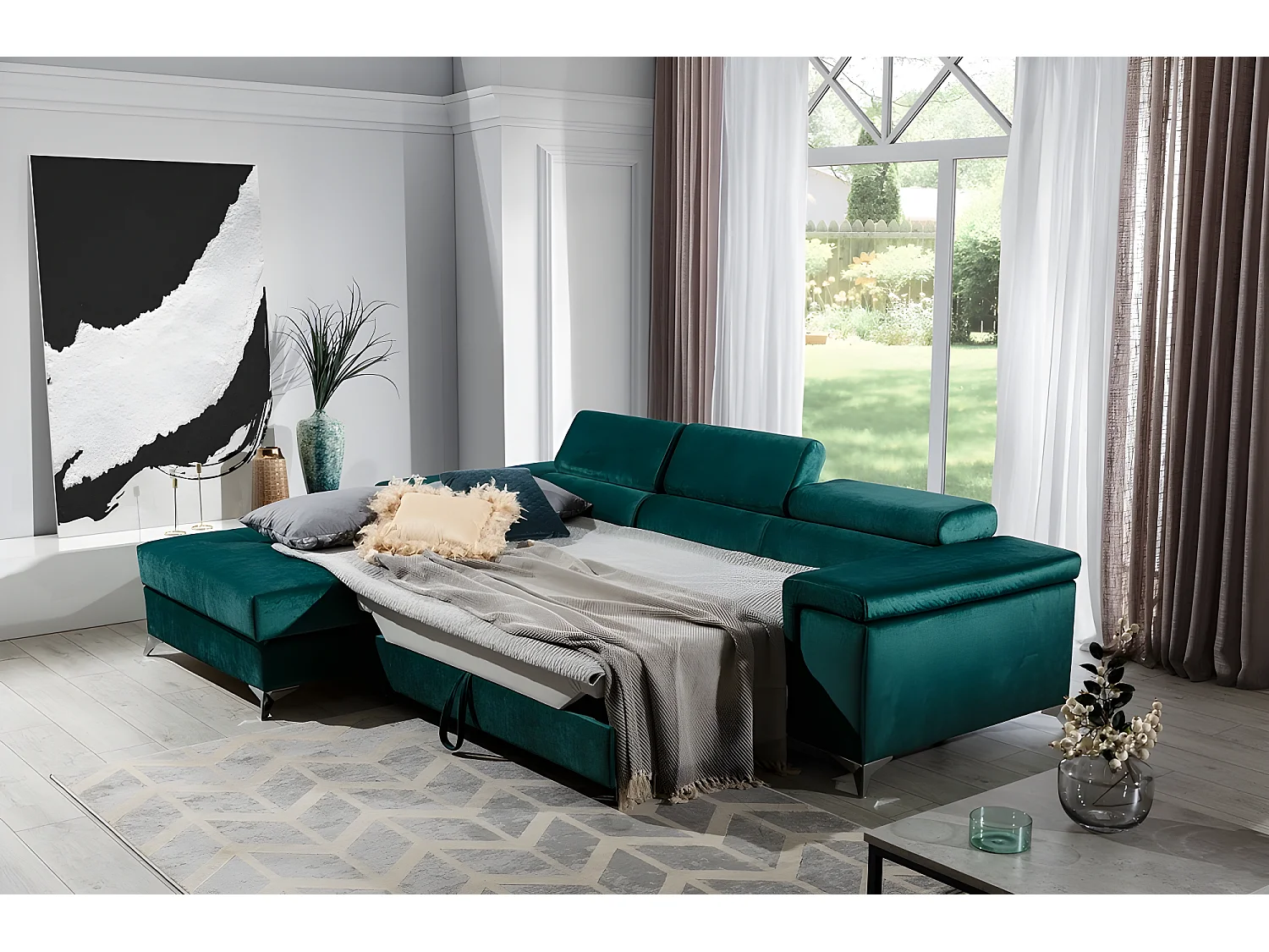 Canapé d'angle convertible en tissu velours luxe 5 places, RICHARD, couleur vert, angle gauche