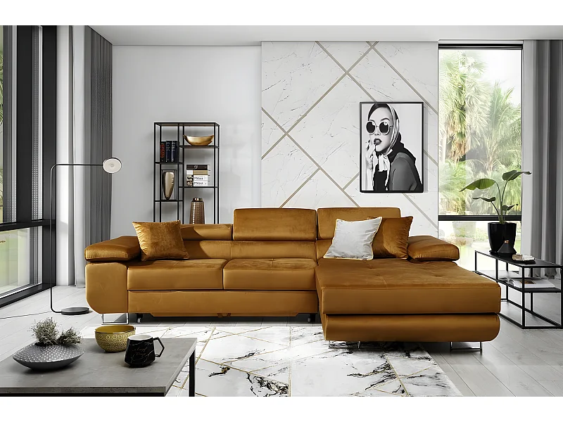 Canapé d'angle convertible ARMEL en tissu velours luxe 5 places, couleur cuivre, avec coffre, angle droit (vu de face)