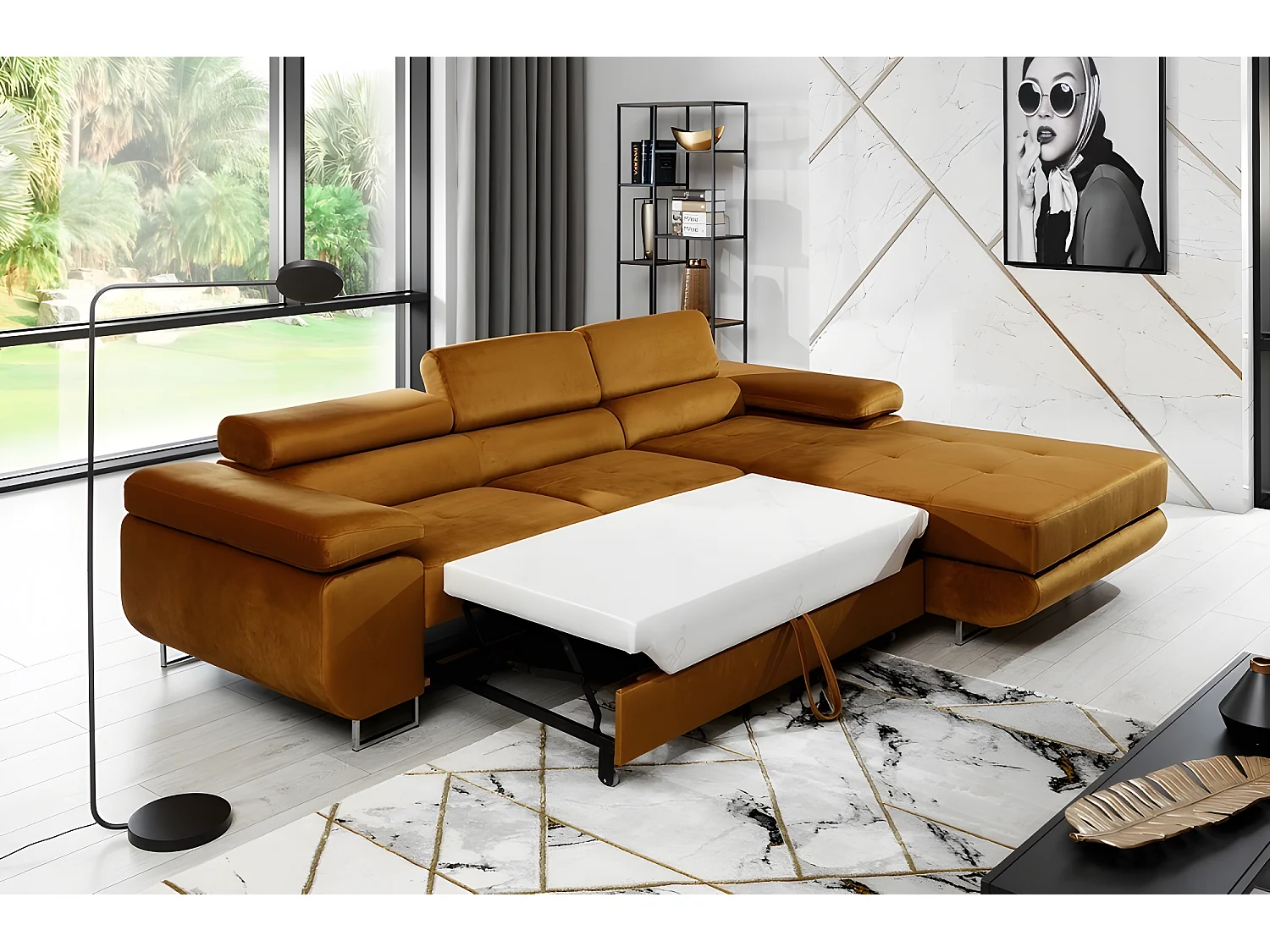 Canapé d'angle convertible ARMEL en tissu velours luxe 5 places, couleur cuivre, avec coffre, angle droit (vu de face)