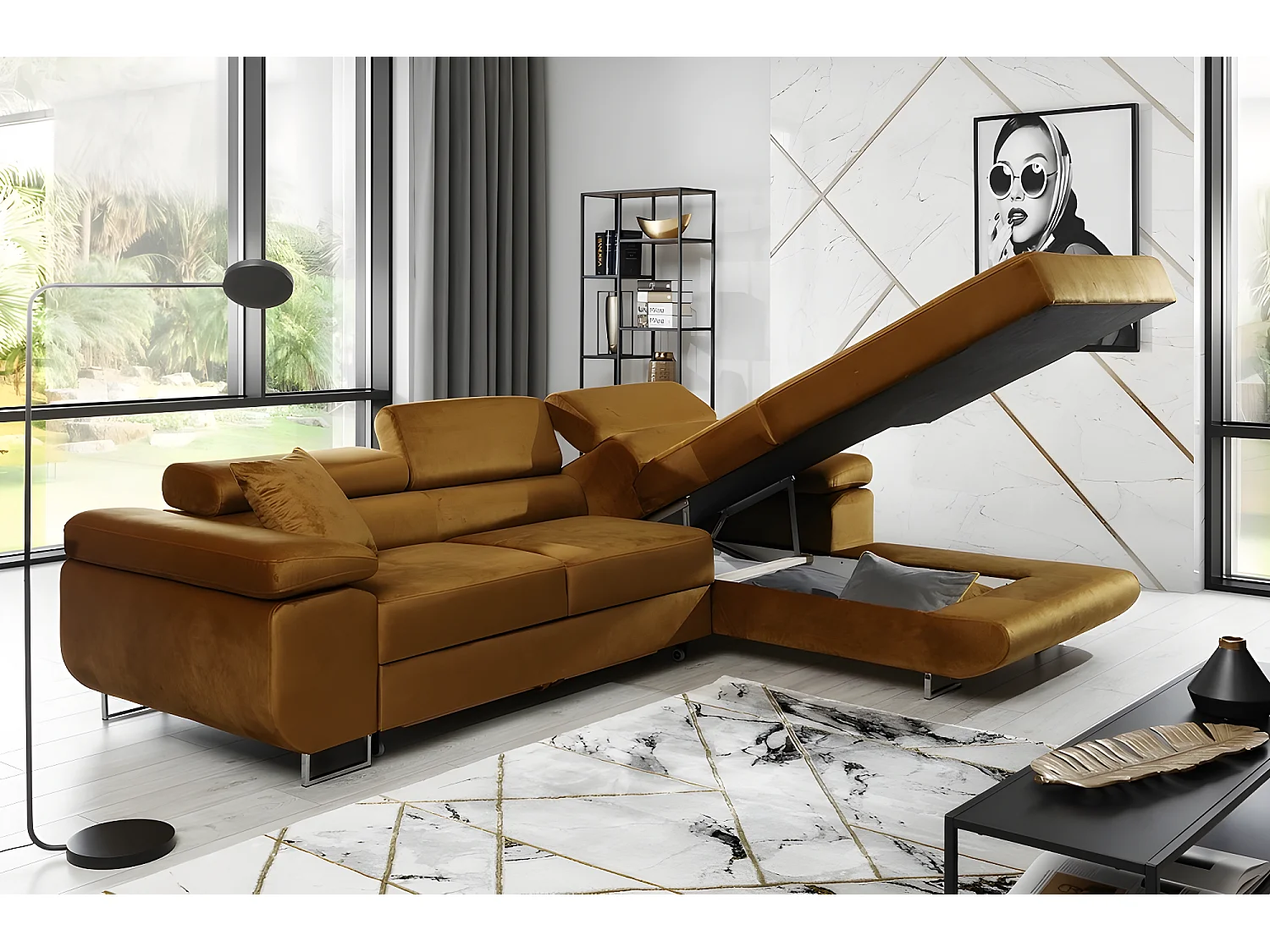 Canapé d'angle convertible ARMEL en tissu velours luxe 5 places, couleur cuivre, avec coffre, angle droit (vu de face)