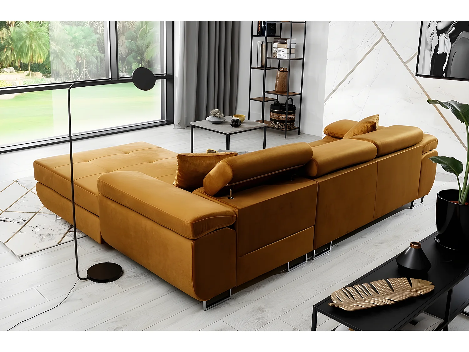 Canapé d'angle convertible ARMEL en tissu velours luxe 5 places, couleur cuivre, avec coffre, angle droit (vu de face)