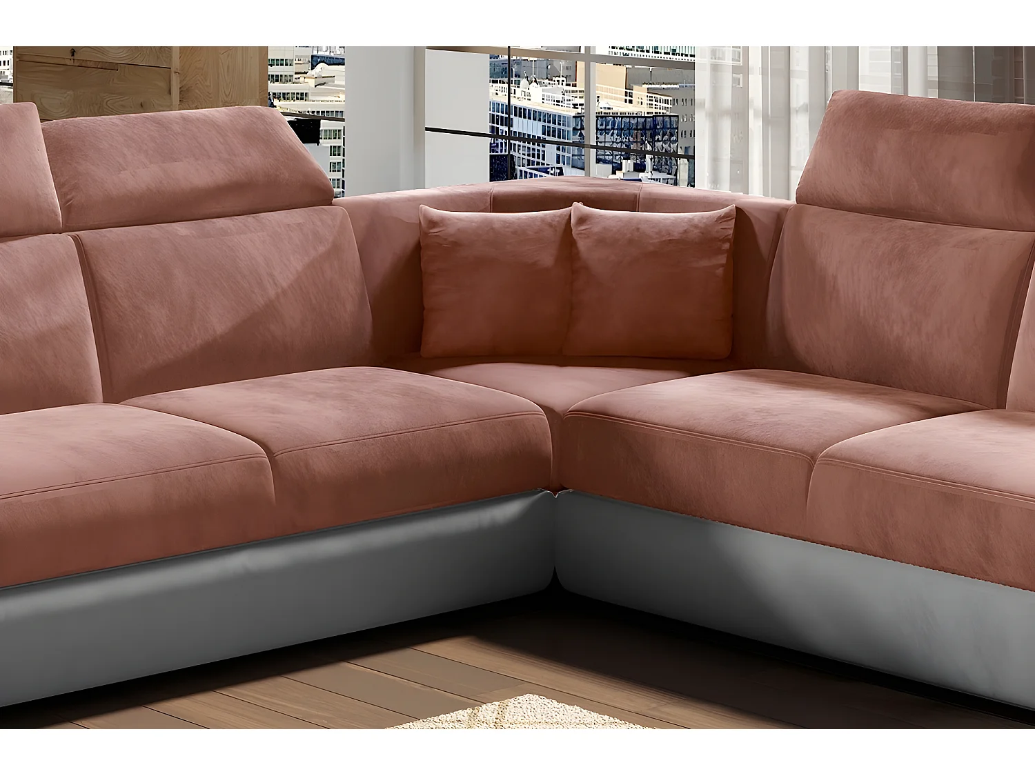 Canapé d'angle - convertible - FELIPE VELOURS - en tissu luxe rose pale et gris, 5/6 places