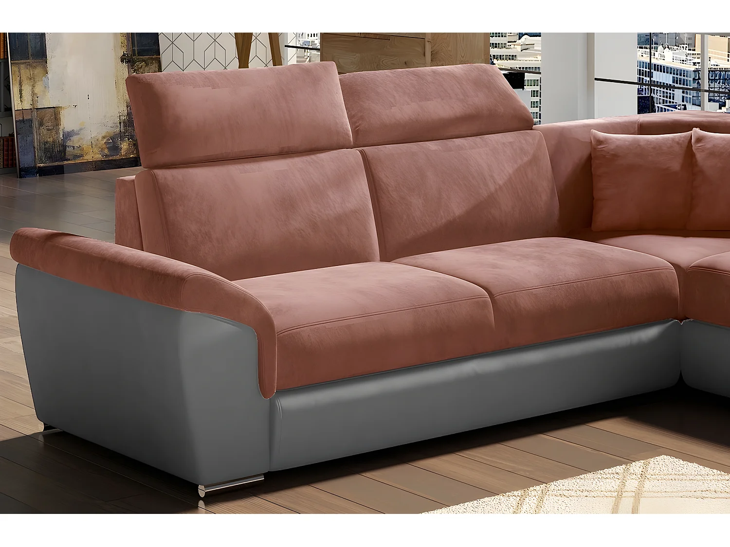 Canapé d'angle - convertible - FELIPE VELOURS - en tissu luxe rose pale et gris, 5/6 places