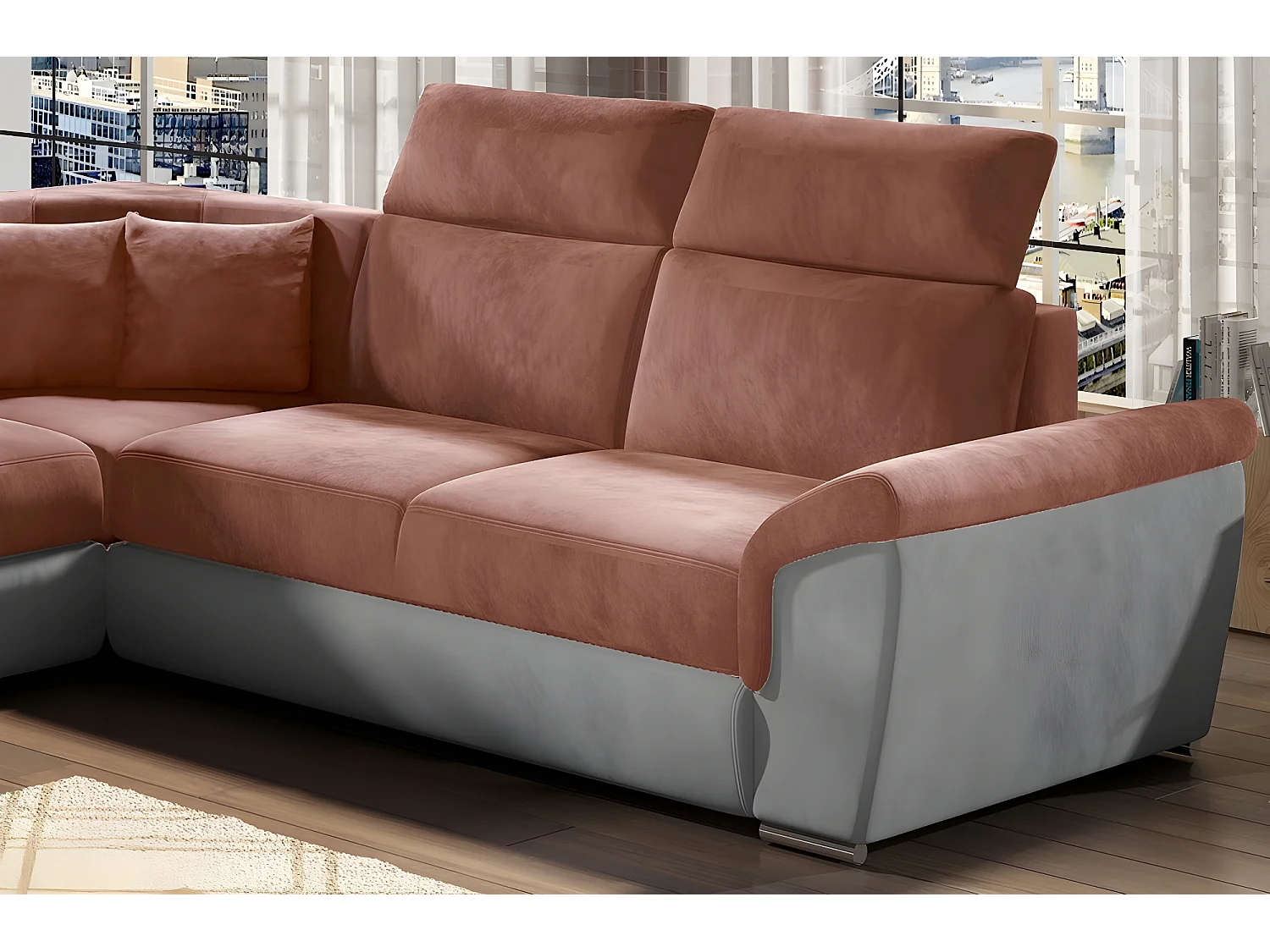 Hoekbank in luxe roze en grijze stoffen bekleding, met opberglade en verstelbare hoofdsteunen, 5/6 zitplaatsen