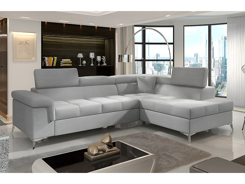 Canapé d'angle convertible - ERNEST - en tissu luxe 5 places, gris, angle droit (vu de face)