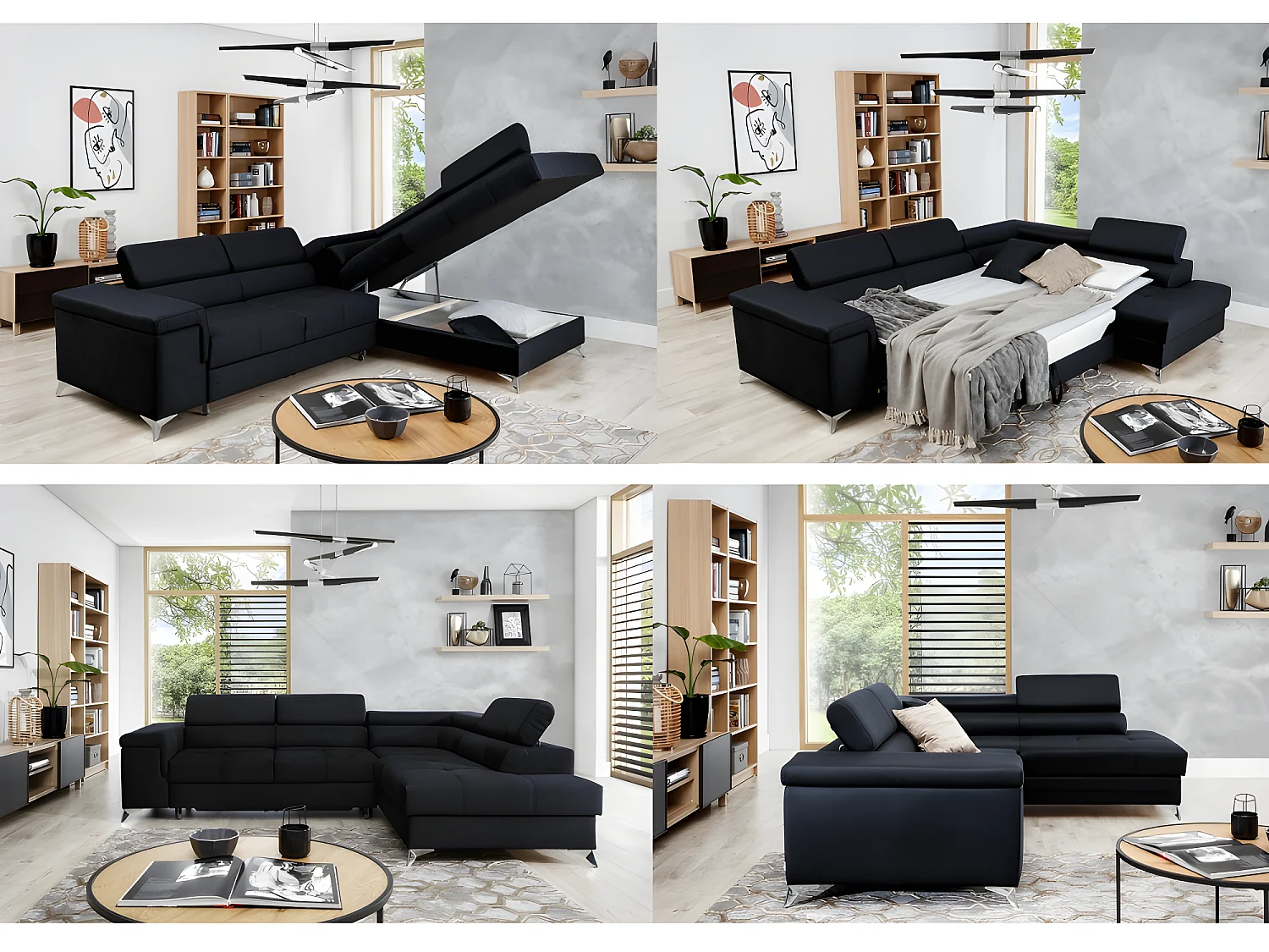 Canapé d'angle convertible - ERNEST - en tissu luxe 5 places, gris, angle droit (vu de face)