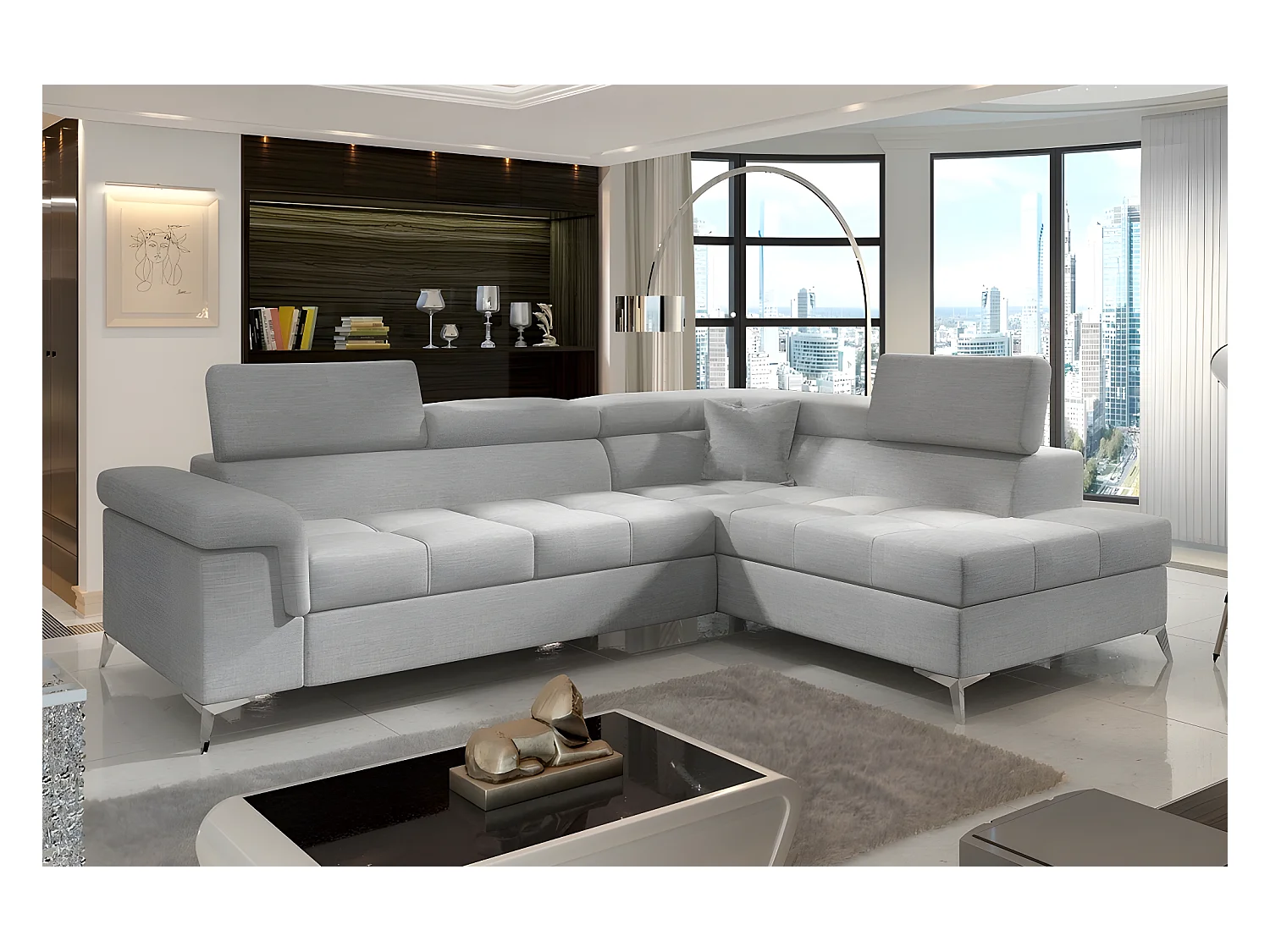 Canapé d'angle convertible - ERNEST - en tissu luxe 5 places, gris, angle droit (vu de face)