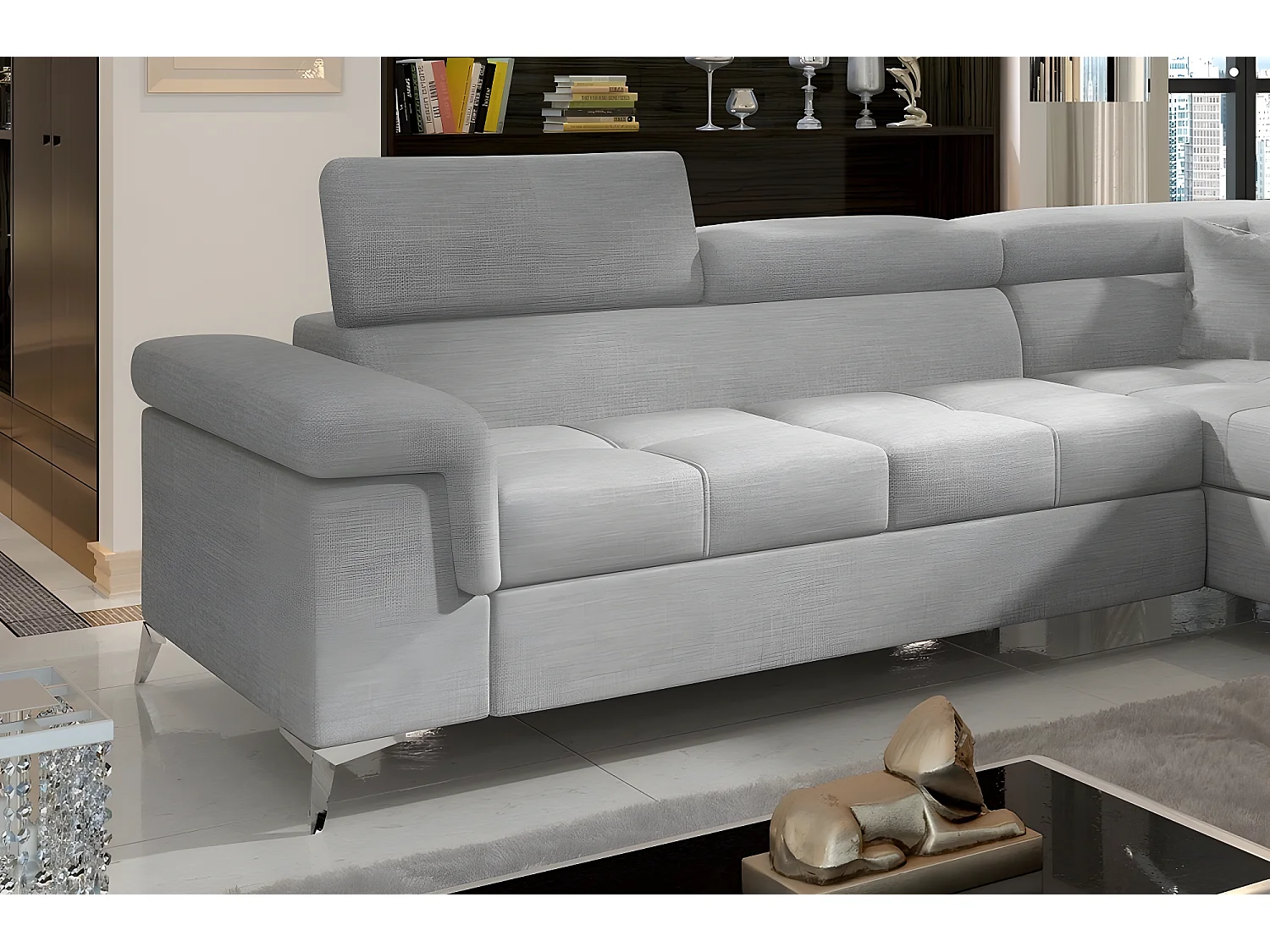 Canapé d'angle convertible - ERNEST - en tissu luxe 5 places, gris, angle droit (vu de face)