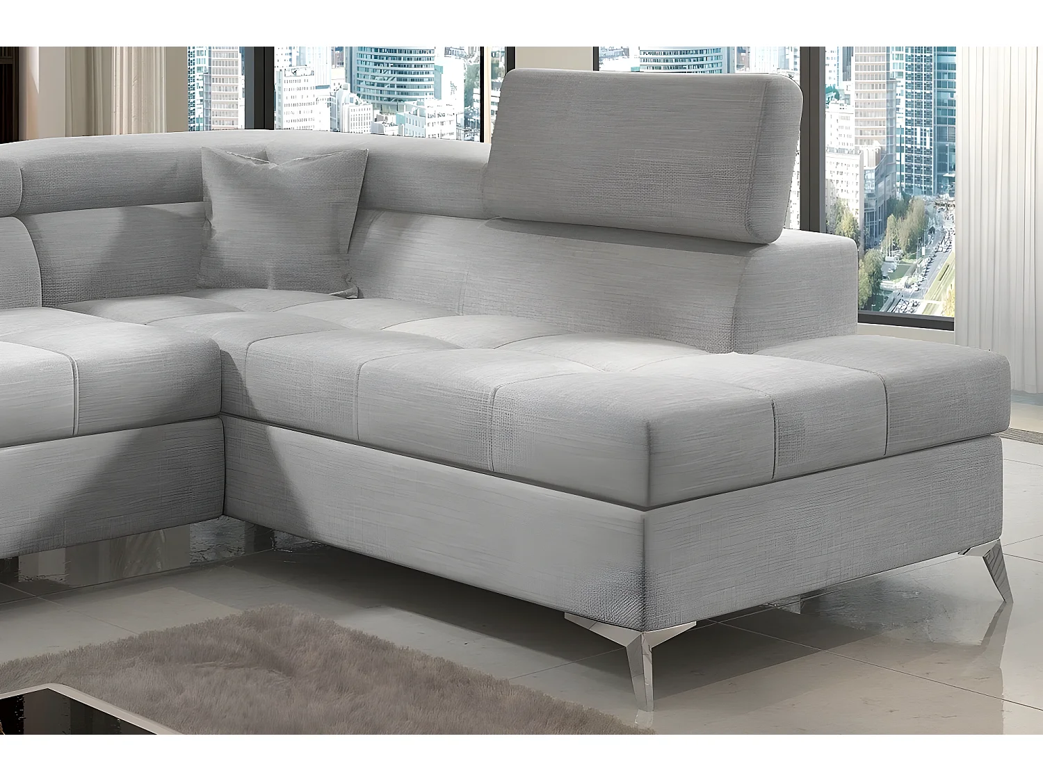 Canapé d'angle convertible - ERNEST - en tissu luxe 5 places, gris, angle droit (vu de face)