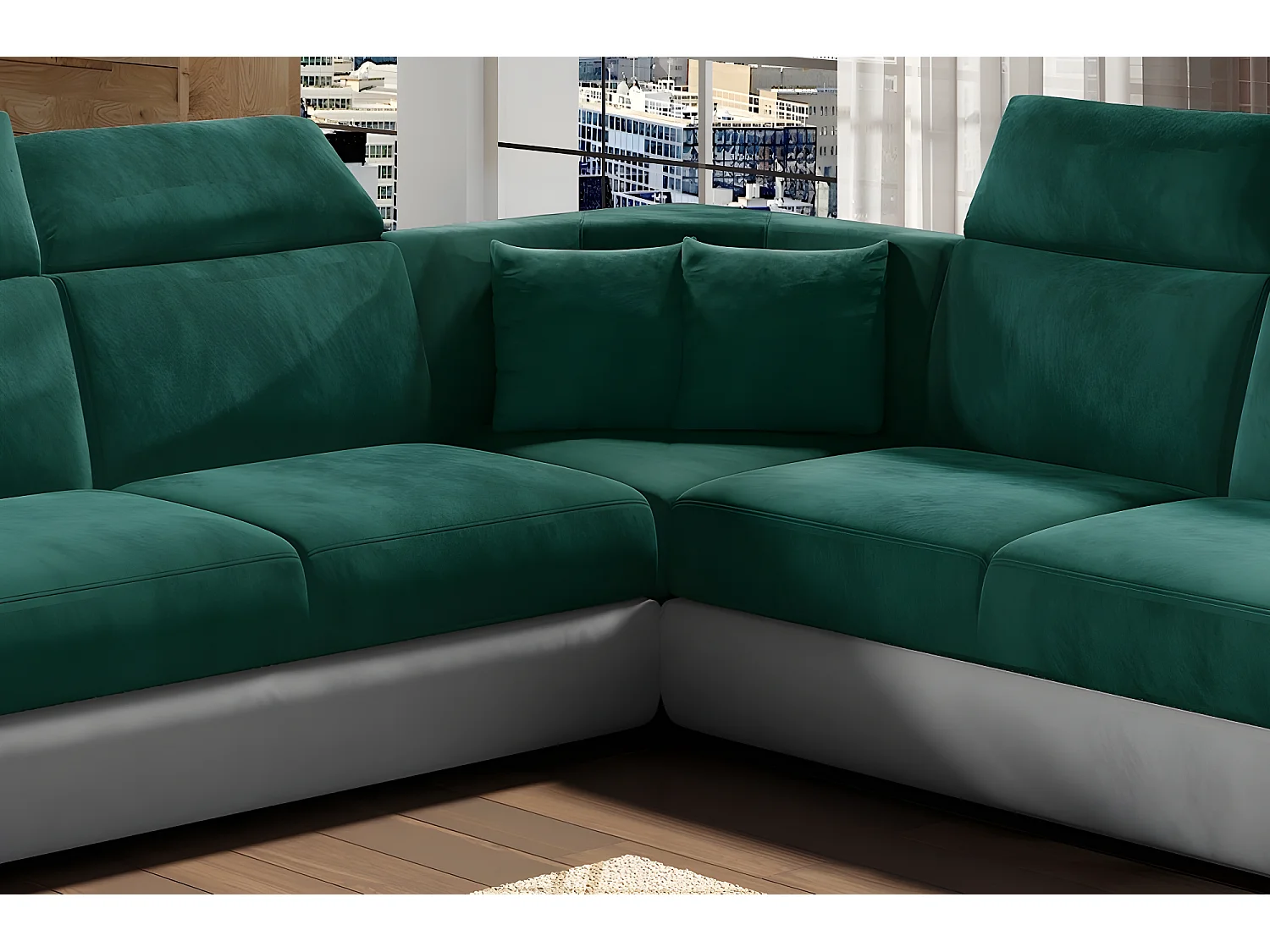 Canapé d'angle - convertible - FELIPE VELOURS - en tissu luxe vert et gris, 5/6 places