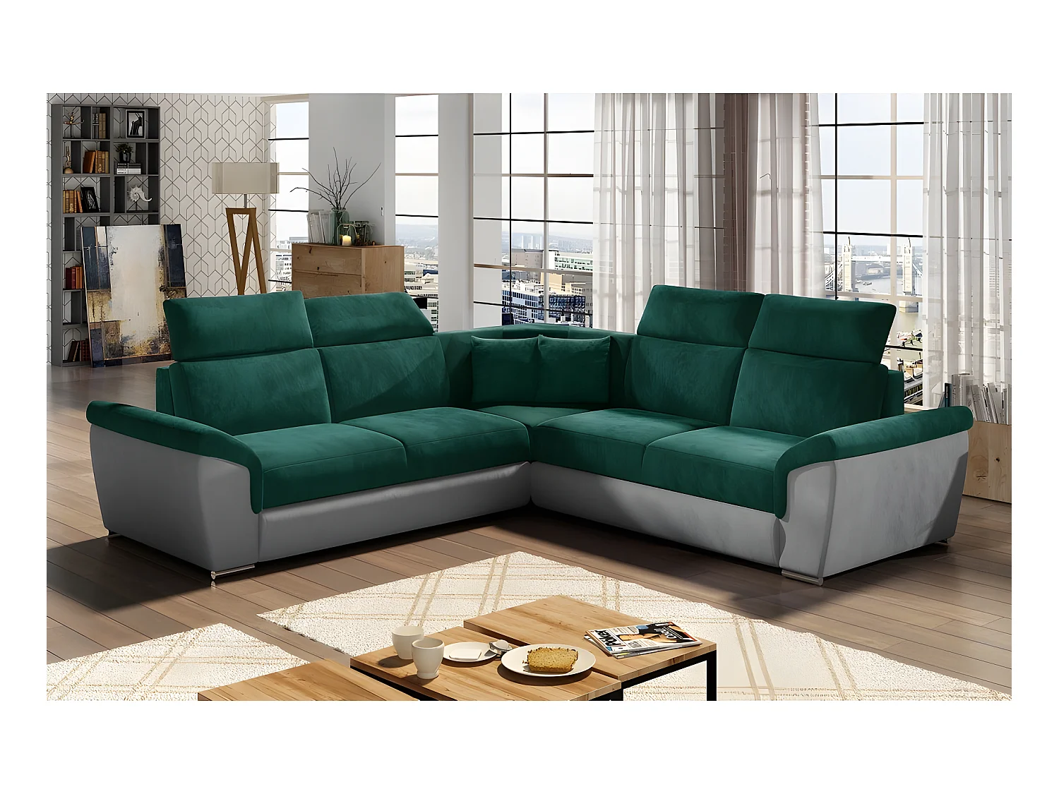Canapé d'angle - convertible - FELIPE VELOURS - en tissu luxe vert et gris, 5/6 places