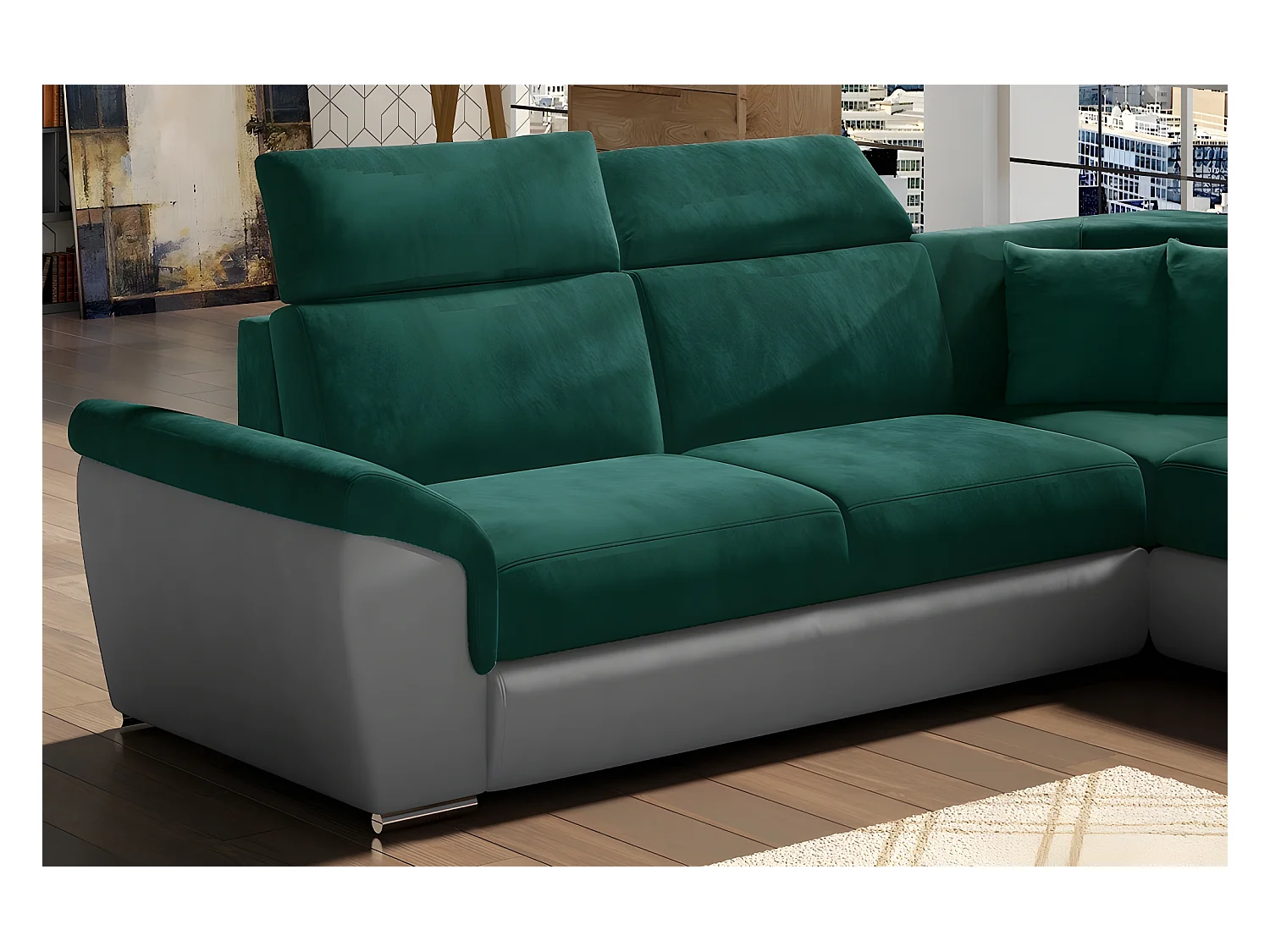 Canapé d'angle - convertible - FELIPE VELOURS - en tissu luxe vert et gris, 5/6 places