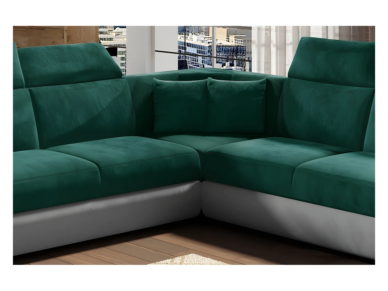 Canapé d'angle - convertible - FELIPE VELOURS - en tissu luxe vert et gris, 5/6 places