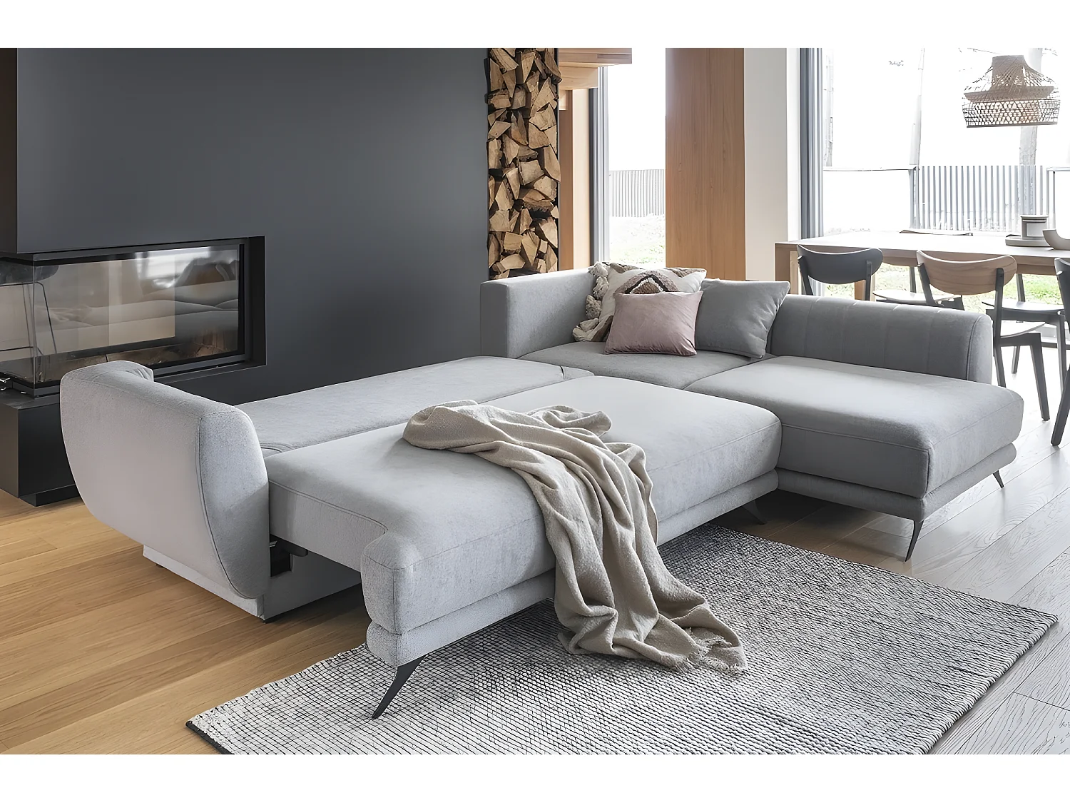 Canapé d'angle convertible - LARSON - en tissu Luxe, 5 places, bordeaux, angle droit (vu de face)