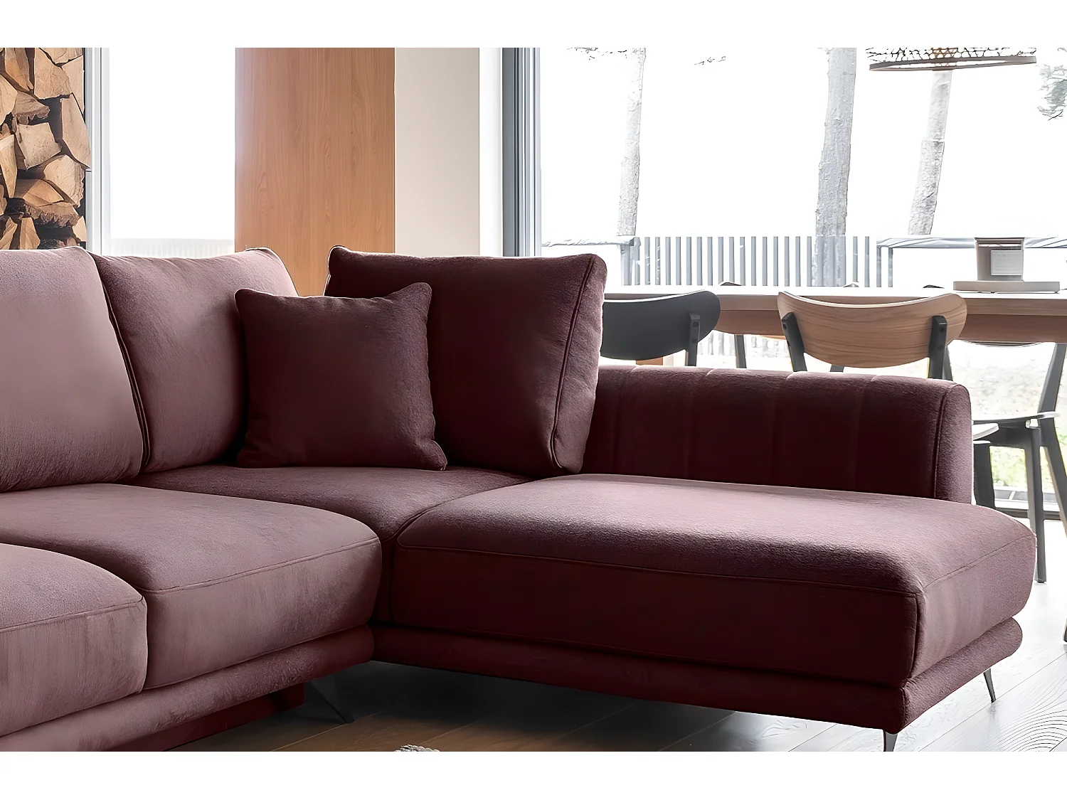 Canapé d'angle convertible - LARSON - en tissu Luxe, 5 places, bordeaux, angle droit (vu de face)