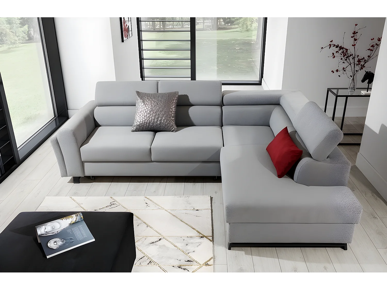 Canapé d'angle convertible - KARL - en tissu prestige - 5 places, gris , angle droit (vu de face)