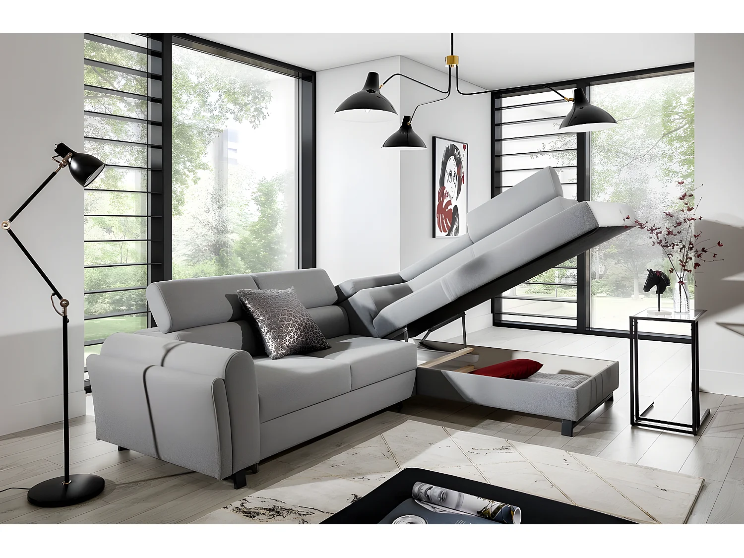 Canapé d'angle convertible - KARL - en tissu prestige - 5 places, gris , angle droit (vu de face)