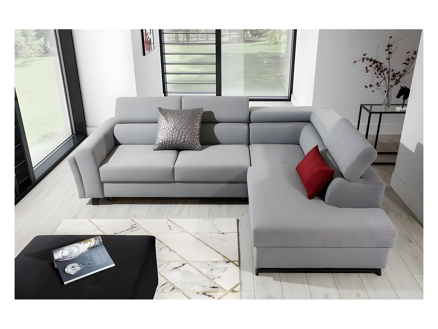 Canapé d'angle convertible - KARL - en tissu prestige - 5 places, gris , angle droit (vu de face)