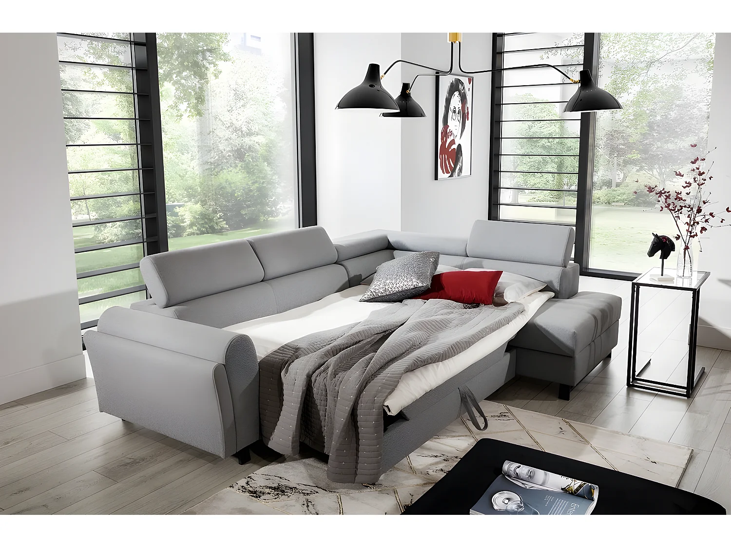 Canapé d'angle convertible - KARL - en tissu prestige - 5 places, gris , angle droit (vu de face)