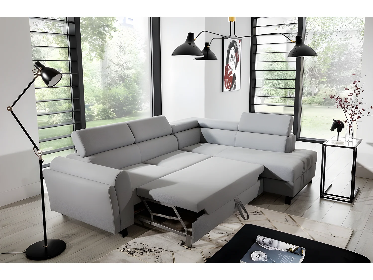 Canapé d'angle convertible - KARL - en tissu prestige - 5 places, gris , angle droit (vu de face)