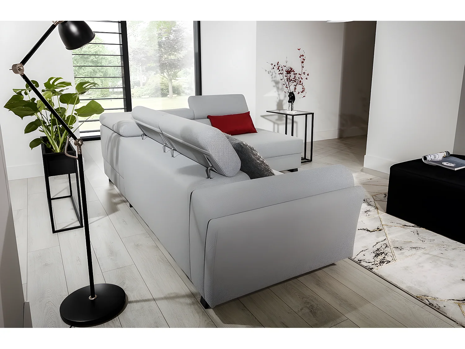 Canapé d'angle convertible - KARL - en tissu prestige - 5 places, gris , angle droit (vu de face)