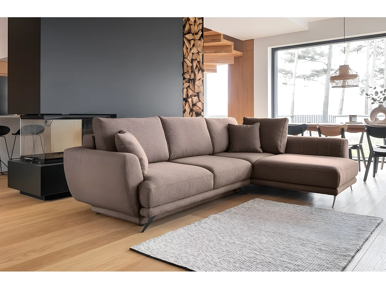 Canapé d'angle convertible - LARSON - en tissu Luxe, 5 places, marron, angle droit (vu de face)
