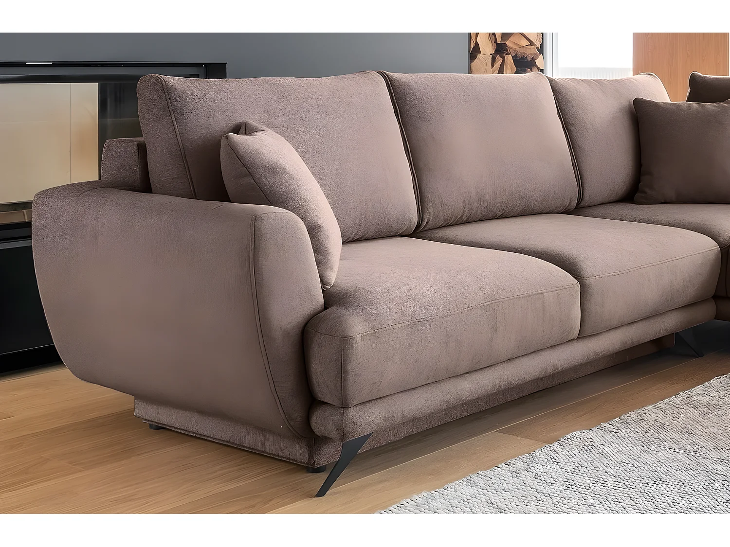 Canapé d'angle convertible - LARSON - en tissu Luxe, 5 places, marron, angle droit (vu de face)