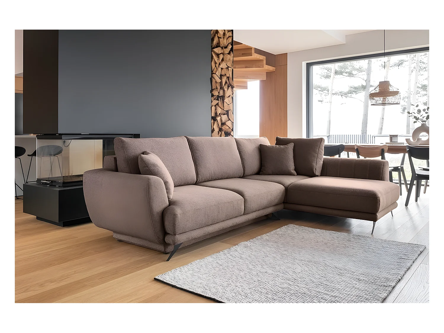 Canapé d'angle convertible - LARSON - en tissu Luxe, 5 places, marron, angle droit (vu de face)