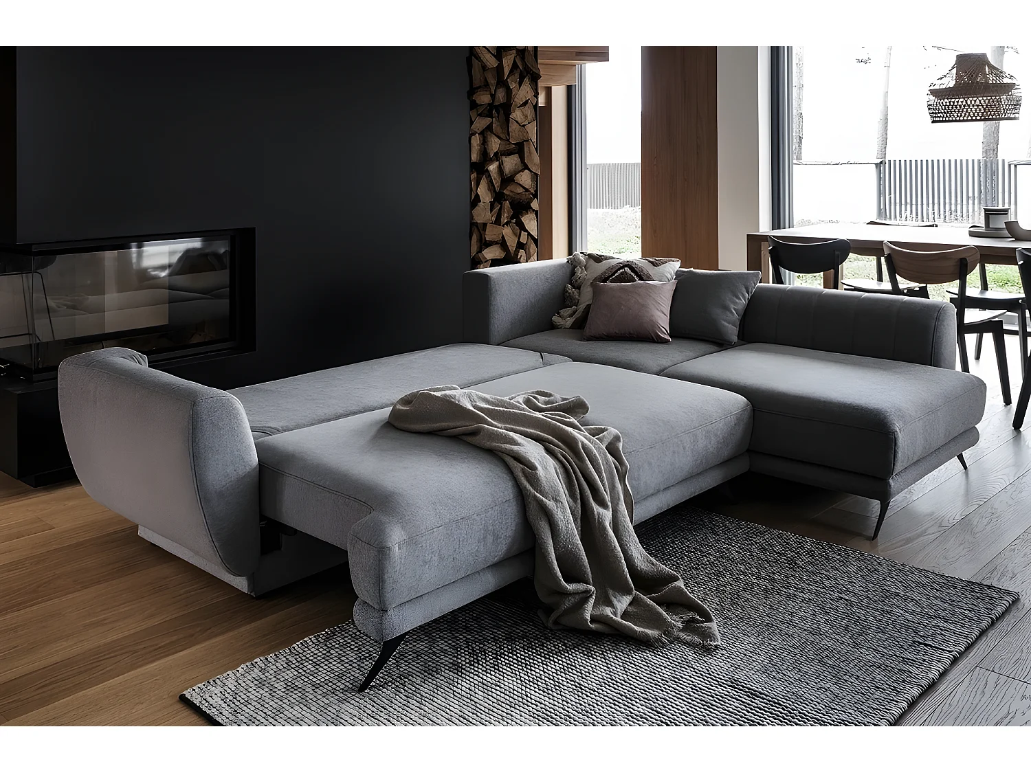 Canapé d'angle convertible - LARSON - en tissu Luxe, 5 places, marron, angle droit (vu de face)