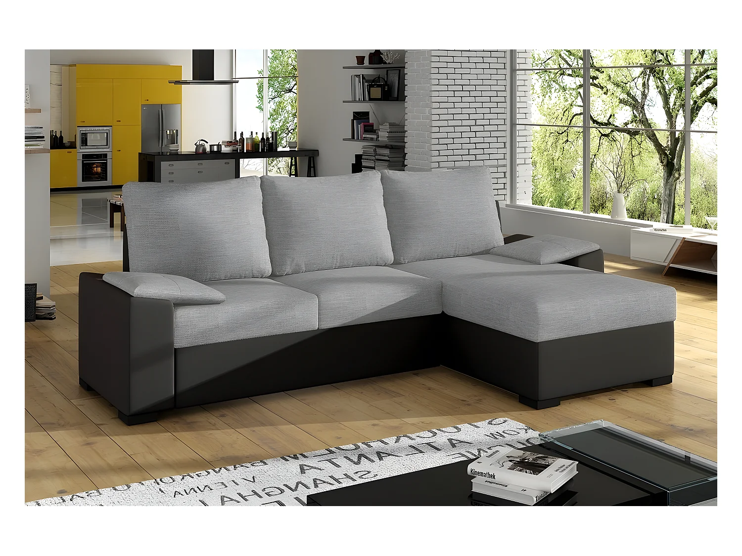 Canapé d'angle convertible - en tissu gris et simili noir, angle droit (vu de face) - LUCAS