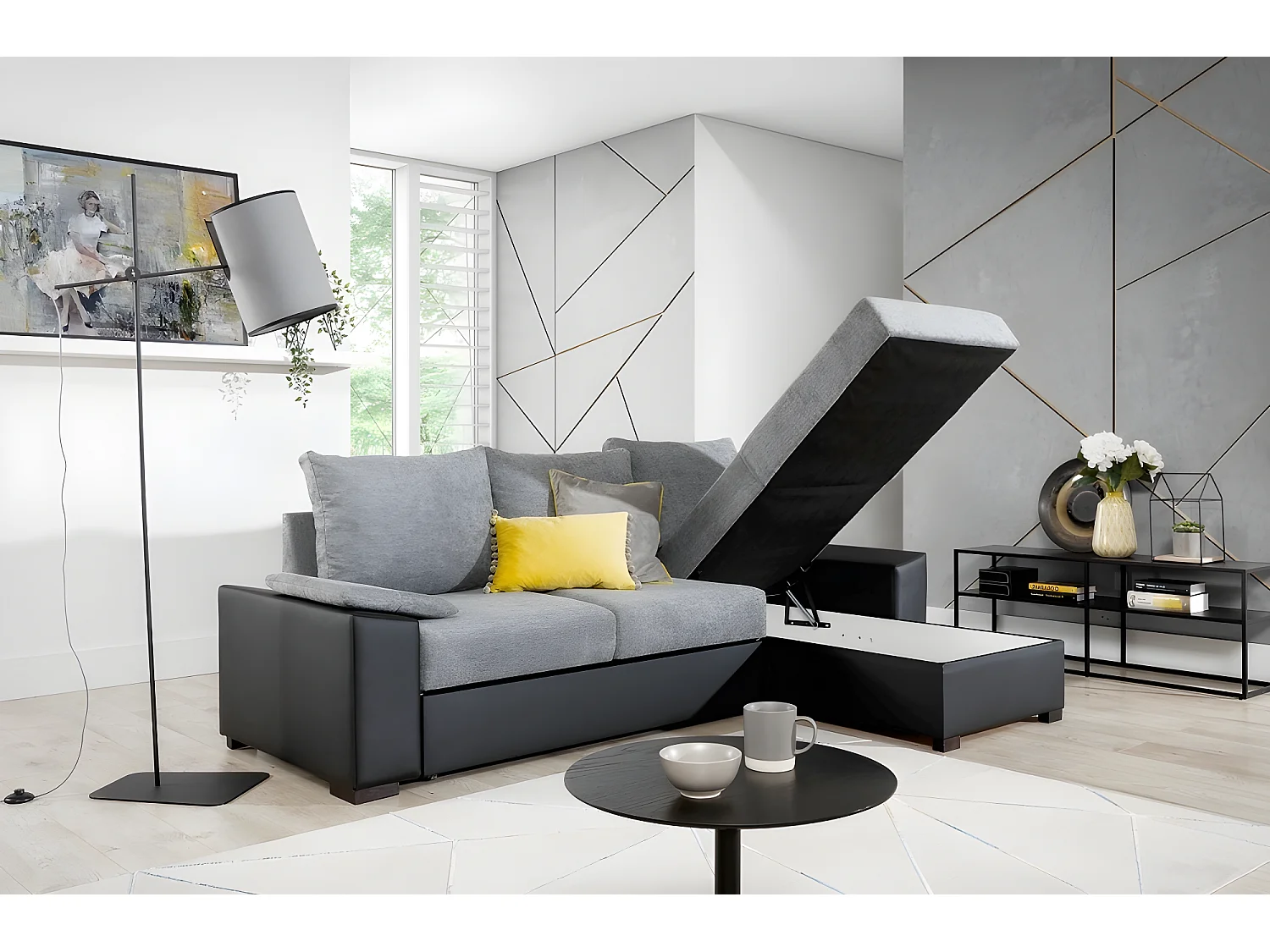 Canapé d'angle convertible - en tissu gris et simili noir, angle droit (vu de face) - LUCAS