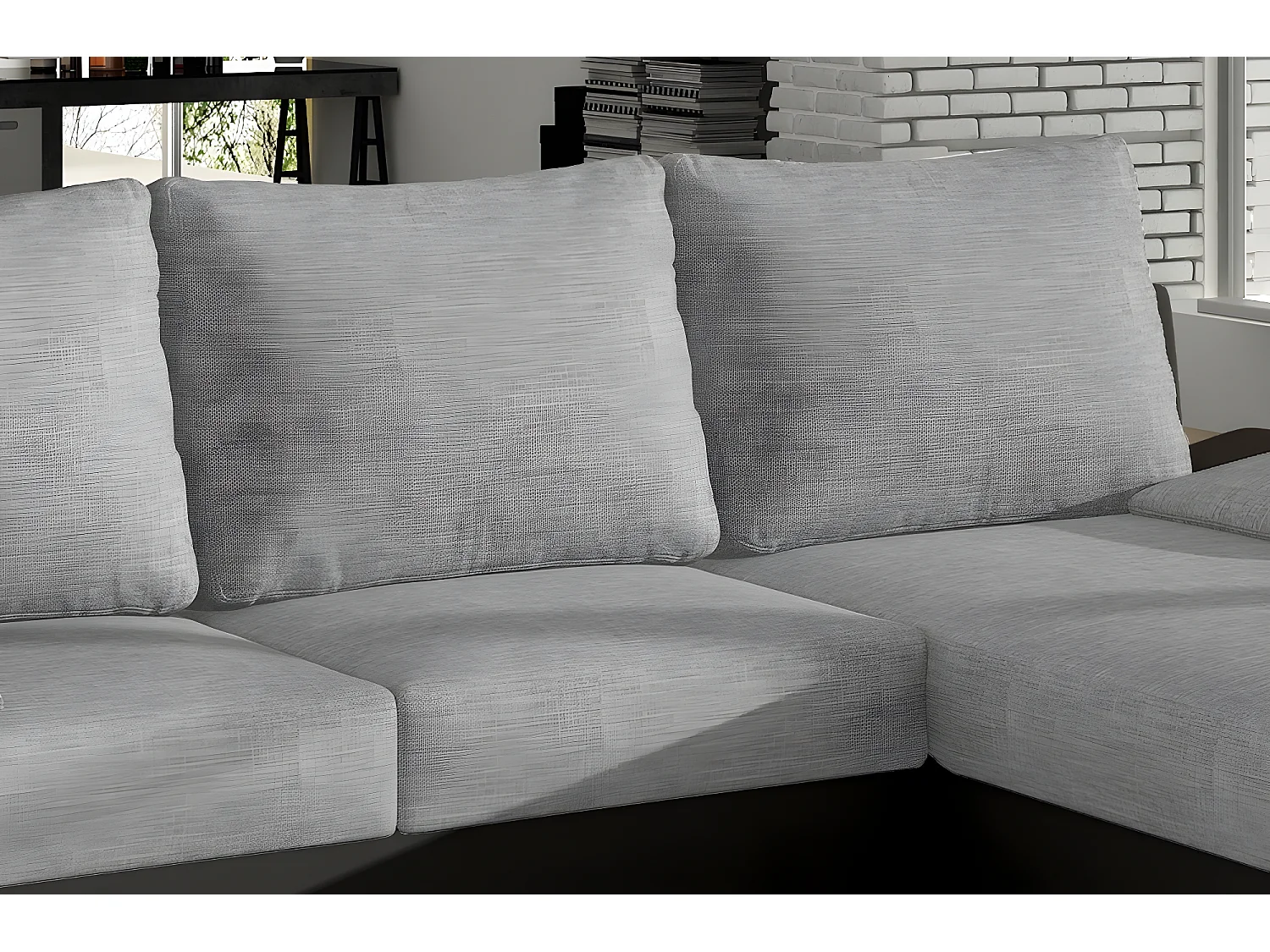 Canapé d'angle convertible - en tissu gris et simili noir, angle droit (vu de face) - LUCAS