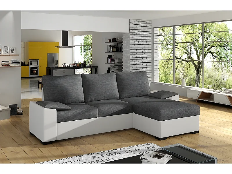Canapé d'angle convertible en tissu gris et simili blanc, angle droit (vu de face), LUCAS