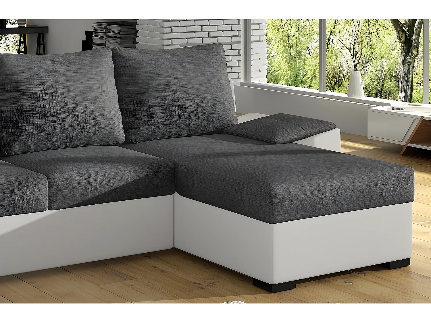 Canapé d'angle convertible en tissu gris et simili blanc, angle droit (vu de face), LUCAS