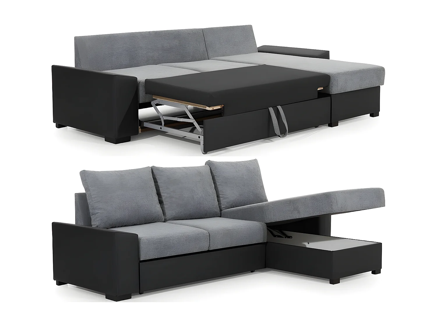 Canapé d'angle convertible en tissu gris et simili blanc, angle droit (vu de face), LUCAS