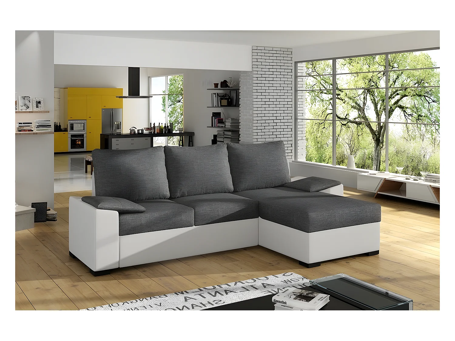 Canapé d'angle convertible en tissu gris et simili blanc, angle droit (vu de face), LUCAS