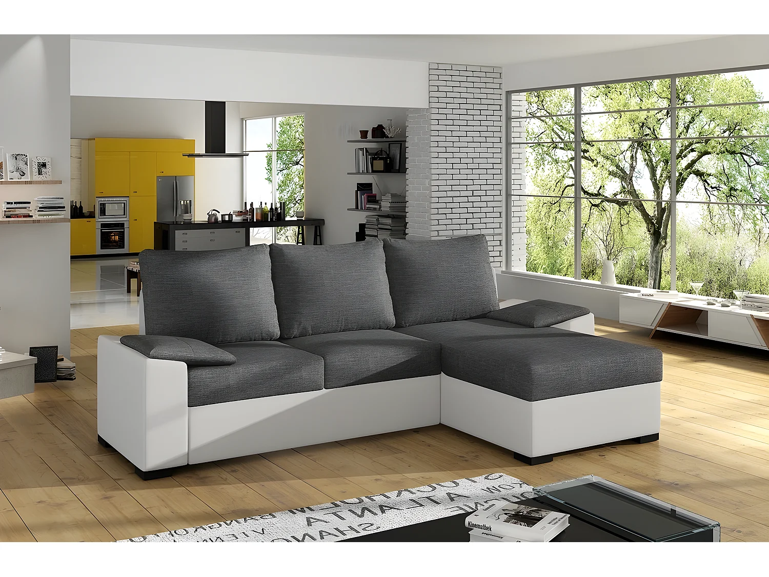 Canapé d'angle convertible en tissu gris et simili blanc, angle droit (vu de face), LUCAS