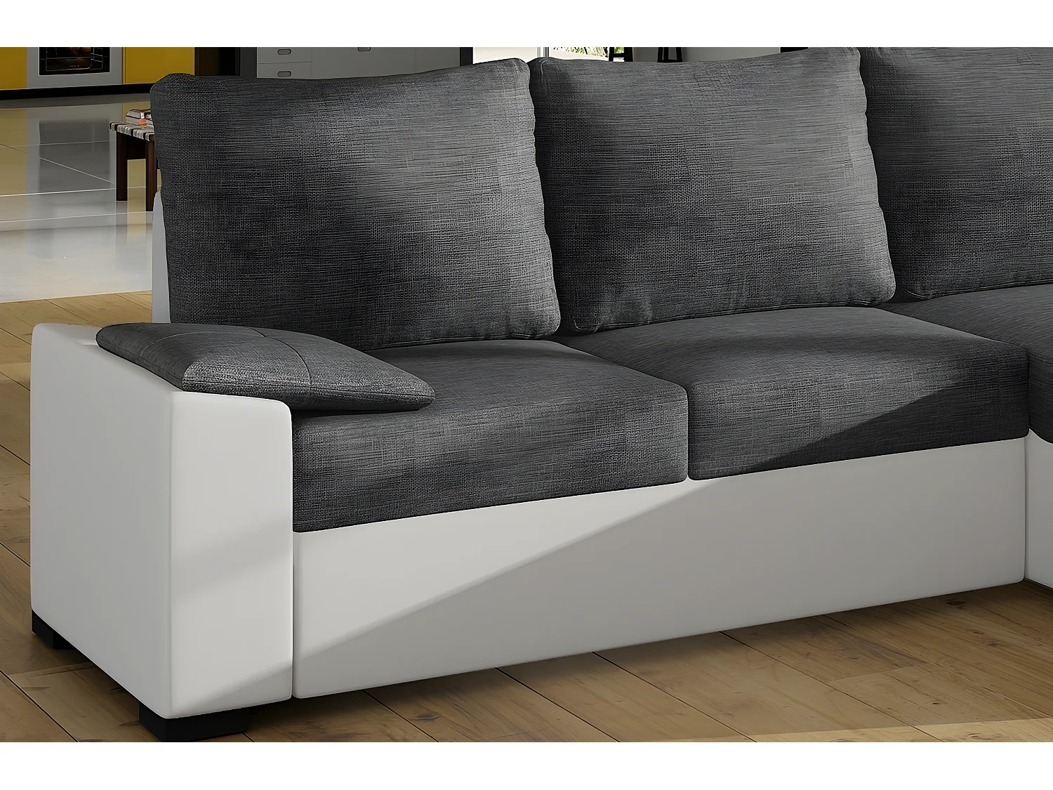 Canapé d'angle convertible en tissu gris et simili blanc, angle droit (vu de face), LUCAS
