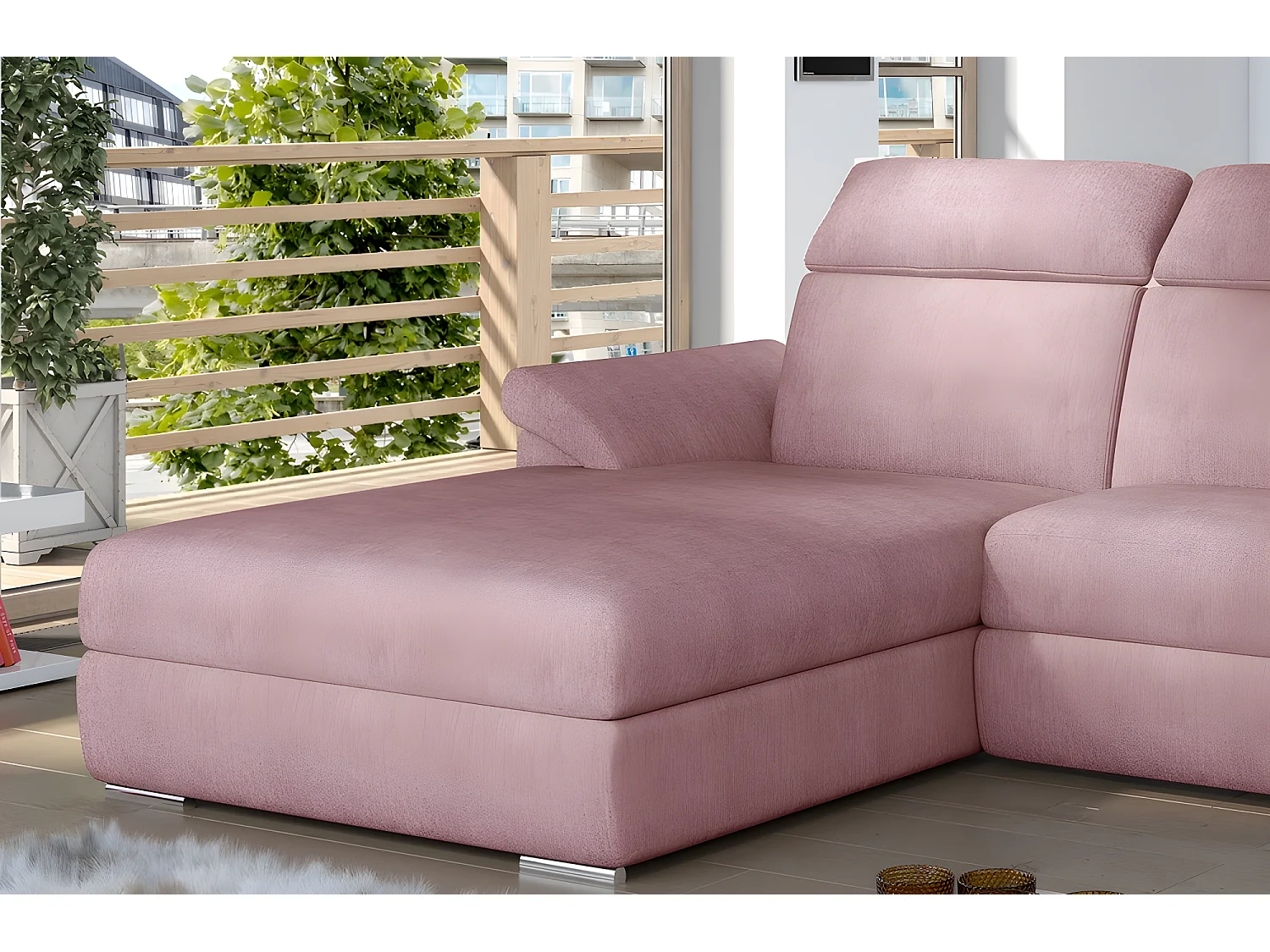 Canapé d'angle convertible en tissu Luxe, rose, 5 places, angle gauche (vu de face) , TRESOR