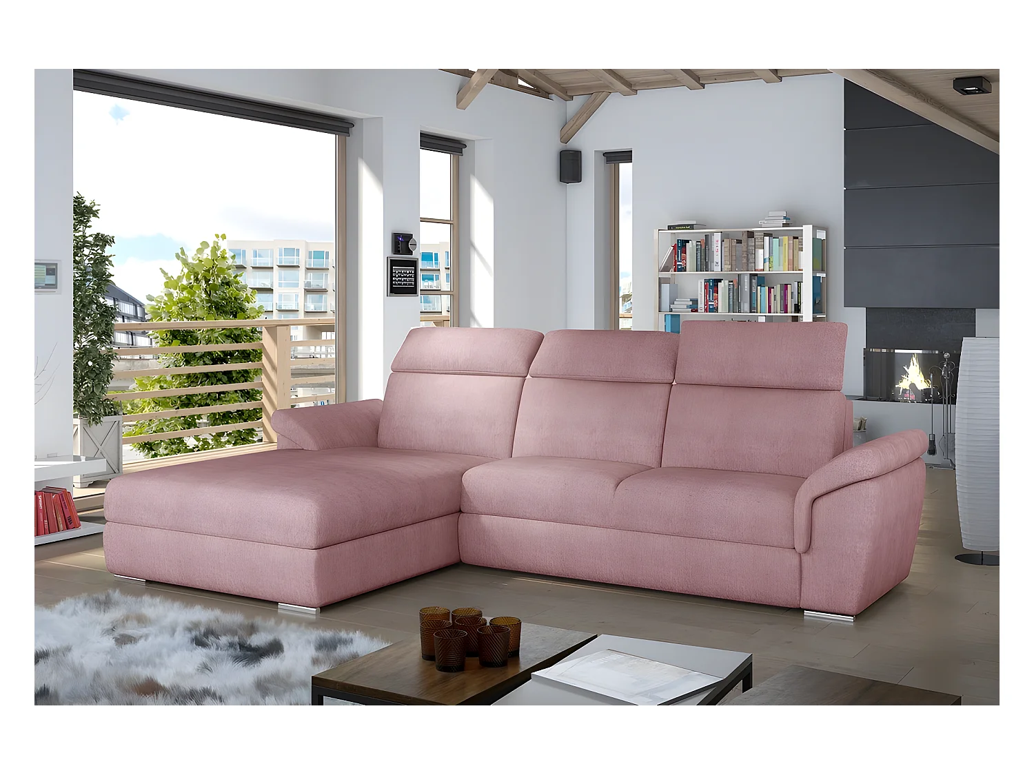 Canapé d'angle convertible en tissu Luxe, rose, 5 places, angle gauche (vu de face) , TRESOR
