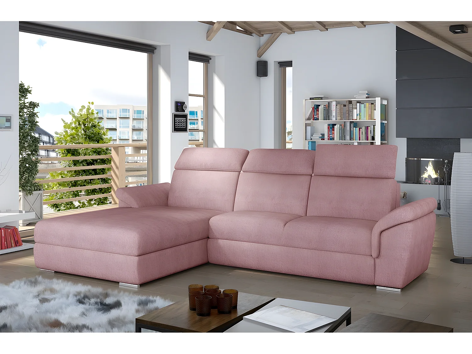 Canapé d'angle convertible en tissu Luxe, rose, 5 places, angle gauche (vu de face) , TRESOR